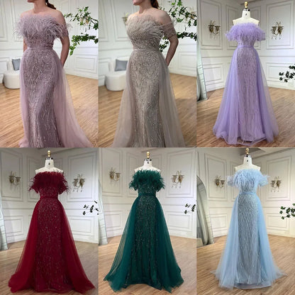Dubai Luxury Beaded Blue Mermaid Evening Dress Gown with Overskirt LA71634 - SERENE HILL