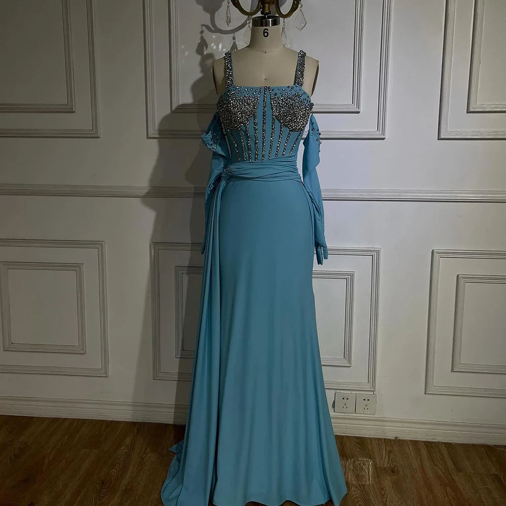 Serene Hill Dubai Luxury Evening Gown 2025 Blue High Split Mermaid Spaghetti Strap Gloves Perfect for Wedding Parties LA72366 - SERENE HILL