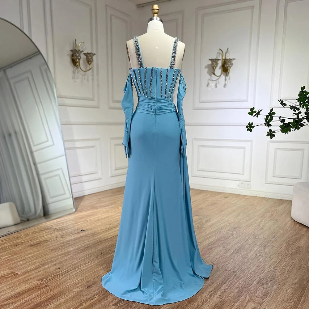 Serene Hill Dubai Luxury Evening Gown 2025 Blue High Split Mermaid Spaghetti Strap Gloves Perfect for Wedding Parties LA72366 - SERENE HILL