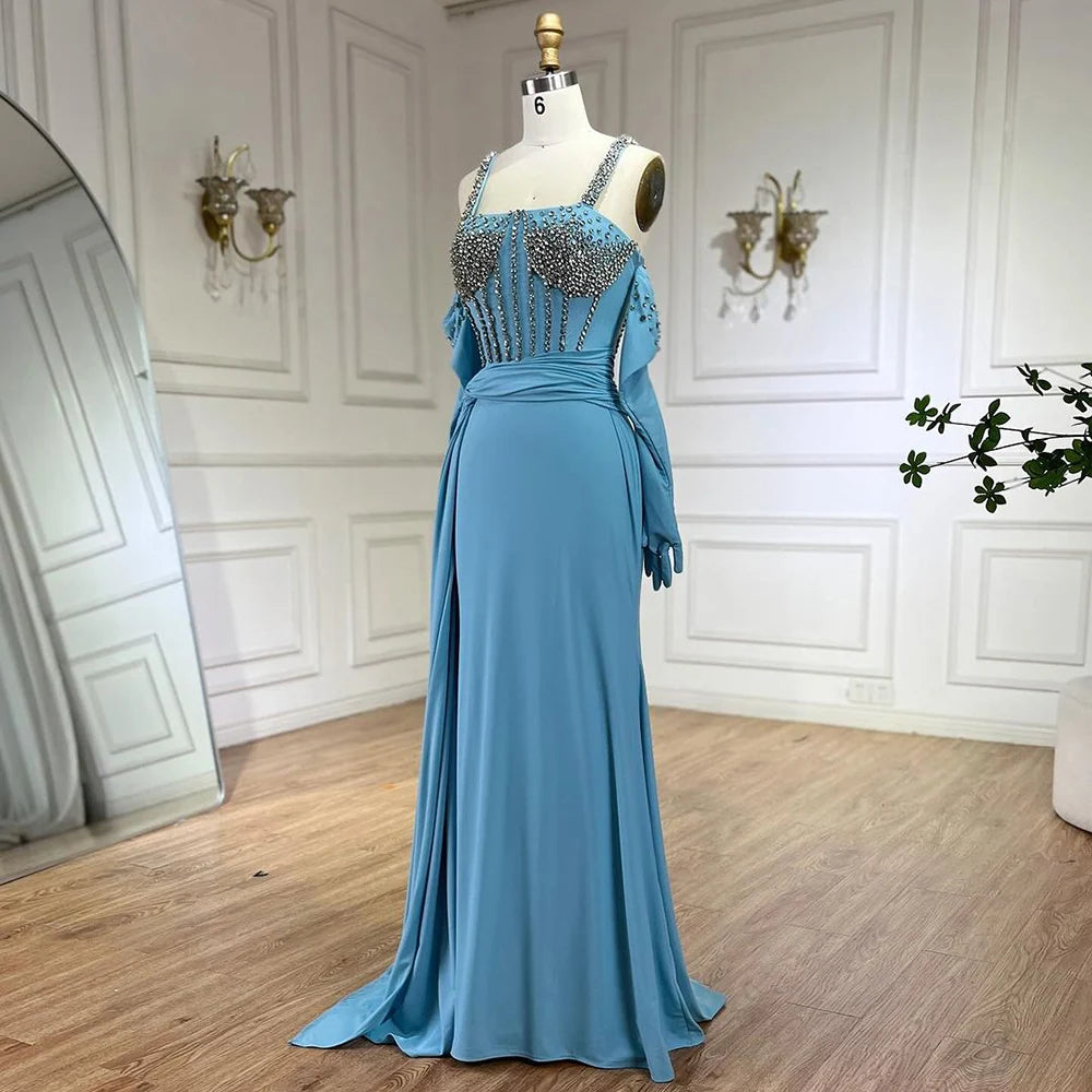 Serene Hill Dubai Luxury Evening Gown 2025 Blue High Split Mermaid Spaghetti Strap Gloves Perfect for Wedding Parties LA72366 - SERENE HILL