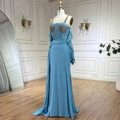 Serene Hill Dubai Luxury Evening Gown 2025 Blue High Split Mermaid Spaghetti Strap Gloves Perfect for Wedding Parties LA72366 - SERENE HILL