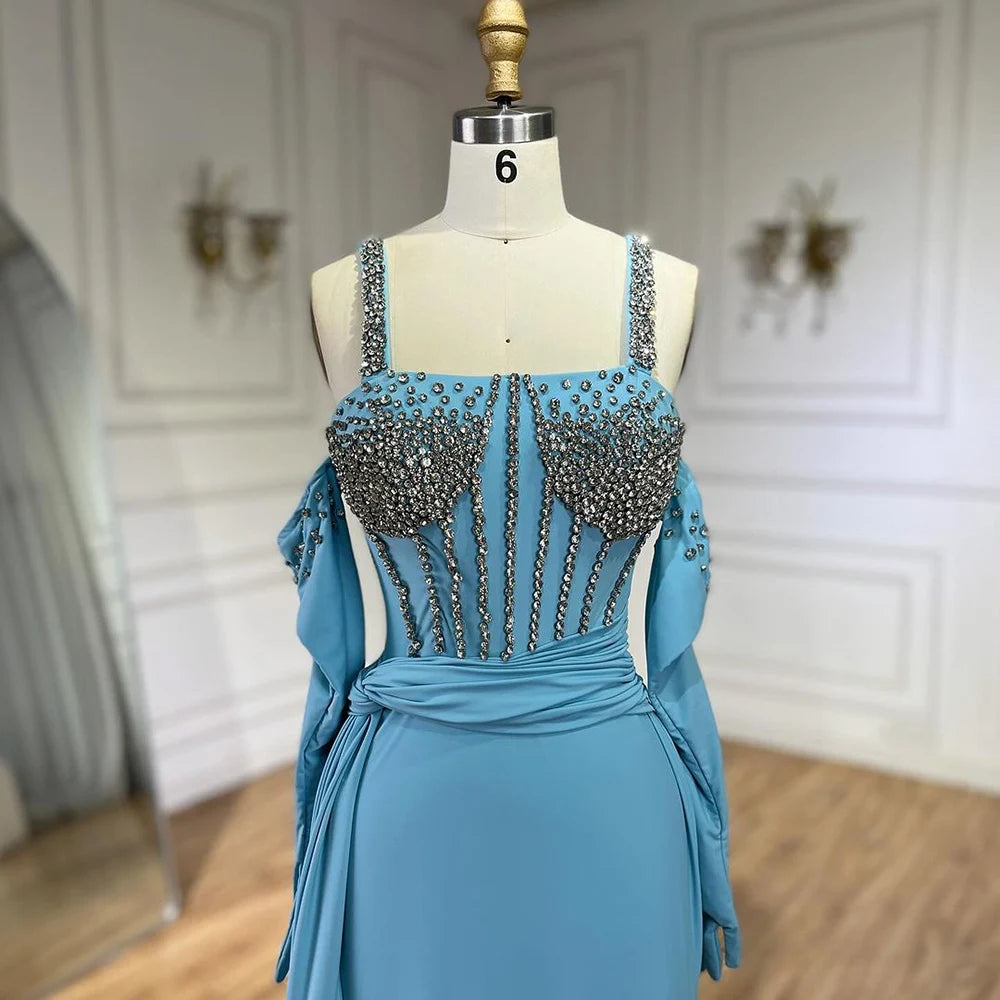 Serene Hill Dubai Luxury Evening Gown 2025 Blue High Split Mermaid Spaghetti Strap Gloves Perfect for Wedding Parties LA72366 - SERENE HILL