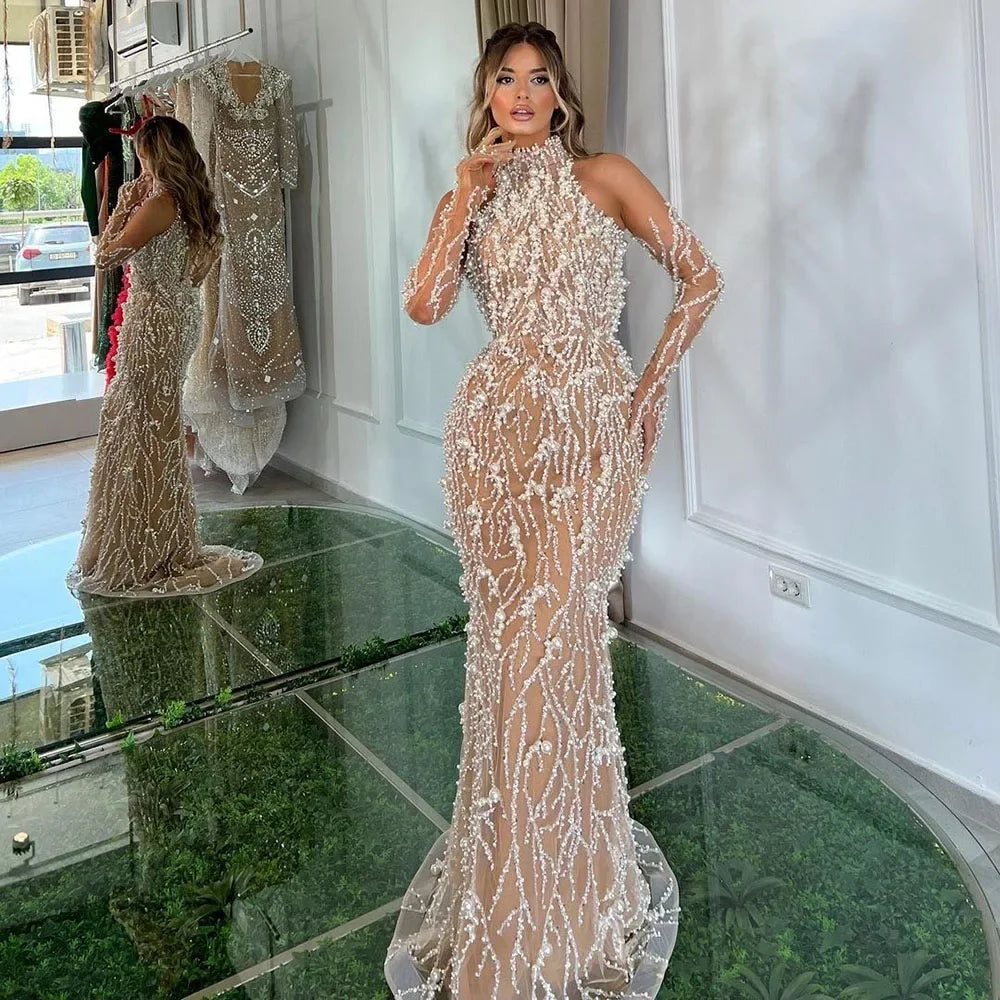 Luxury Beaded Nude Evening Dress with Gloves LA72345 White Nude / 14