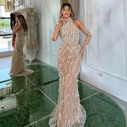 Luxury Beaded Nude Evening Dress with Gloves LA72345 - SERENE HILL