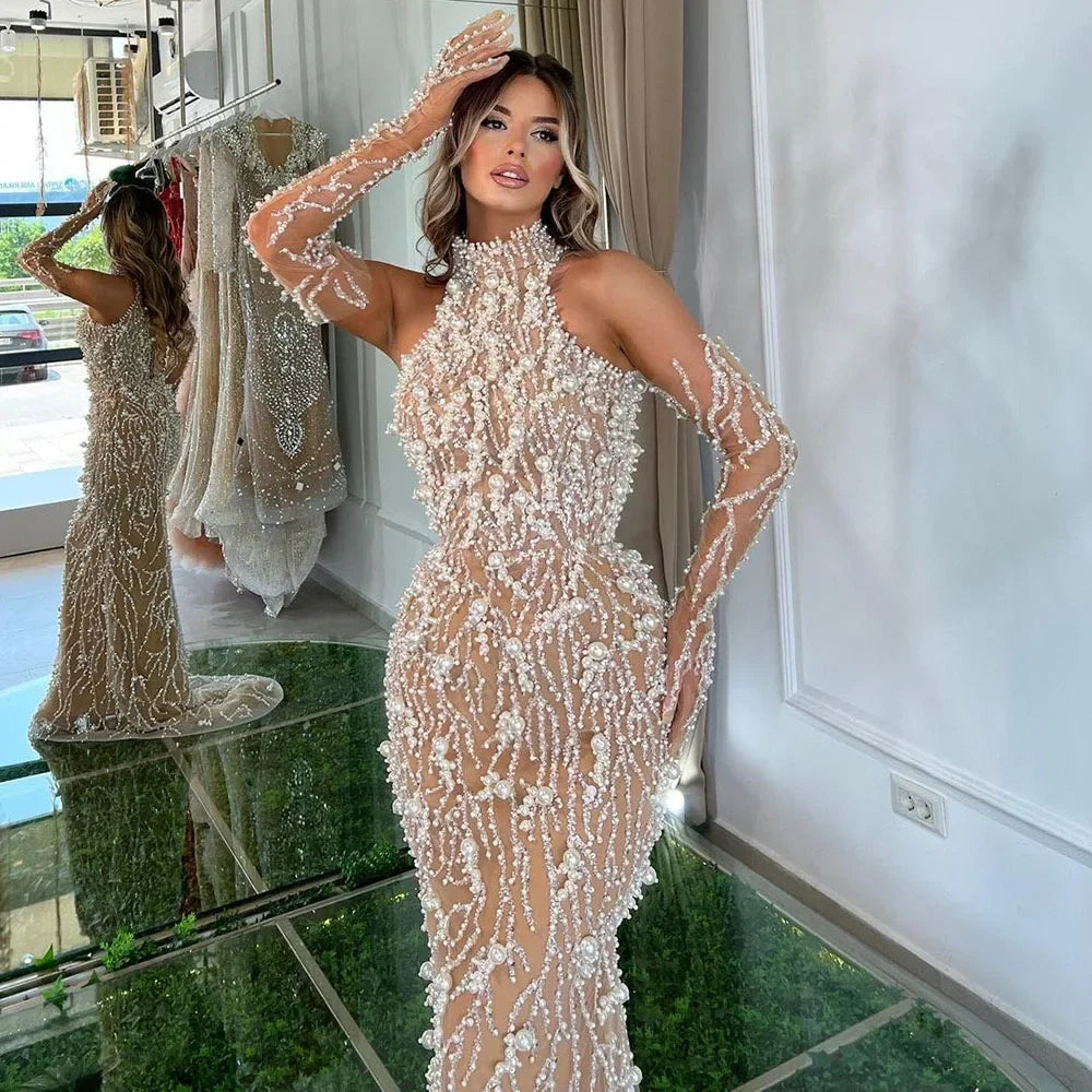 Luxury Beaded Nude Evening Dress with Gloves LA72345 - SERENE HILL