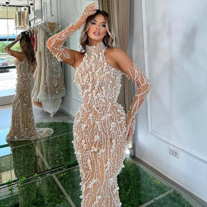 Luxury Beaded Nude Evening Dress with Gloves LA72345 - SERENE HILL