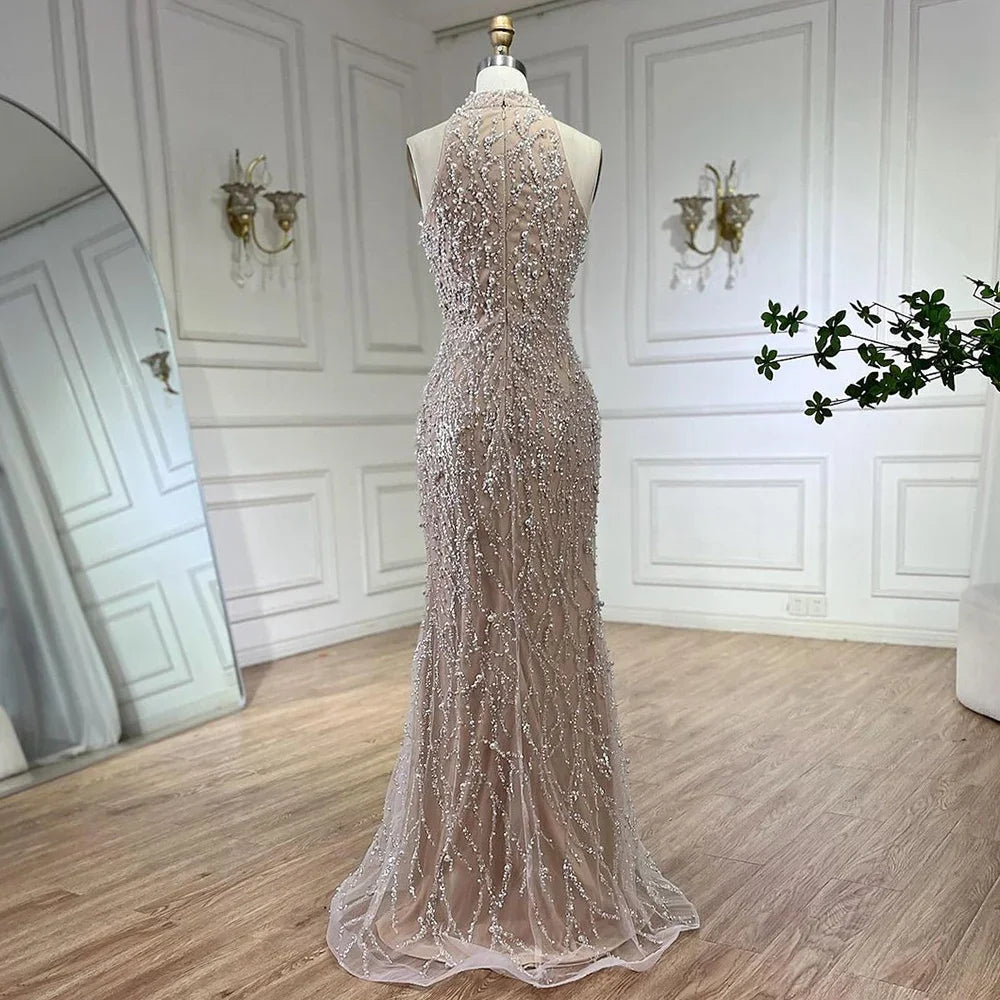 nude formal dresses Nude Off the Shoulder Prom Dresses With Slit A-Line Satin Evening Dres –  Viniodress main image 0
