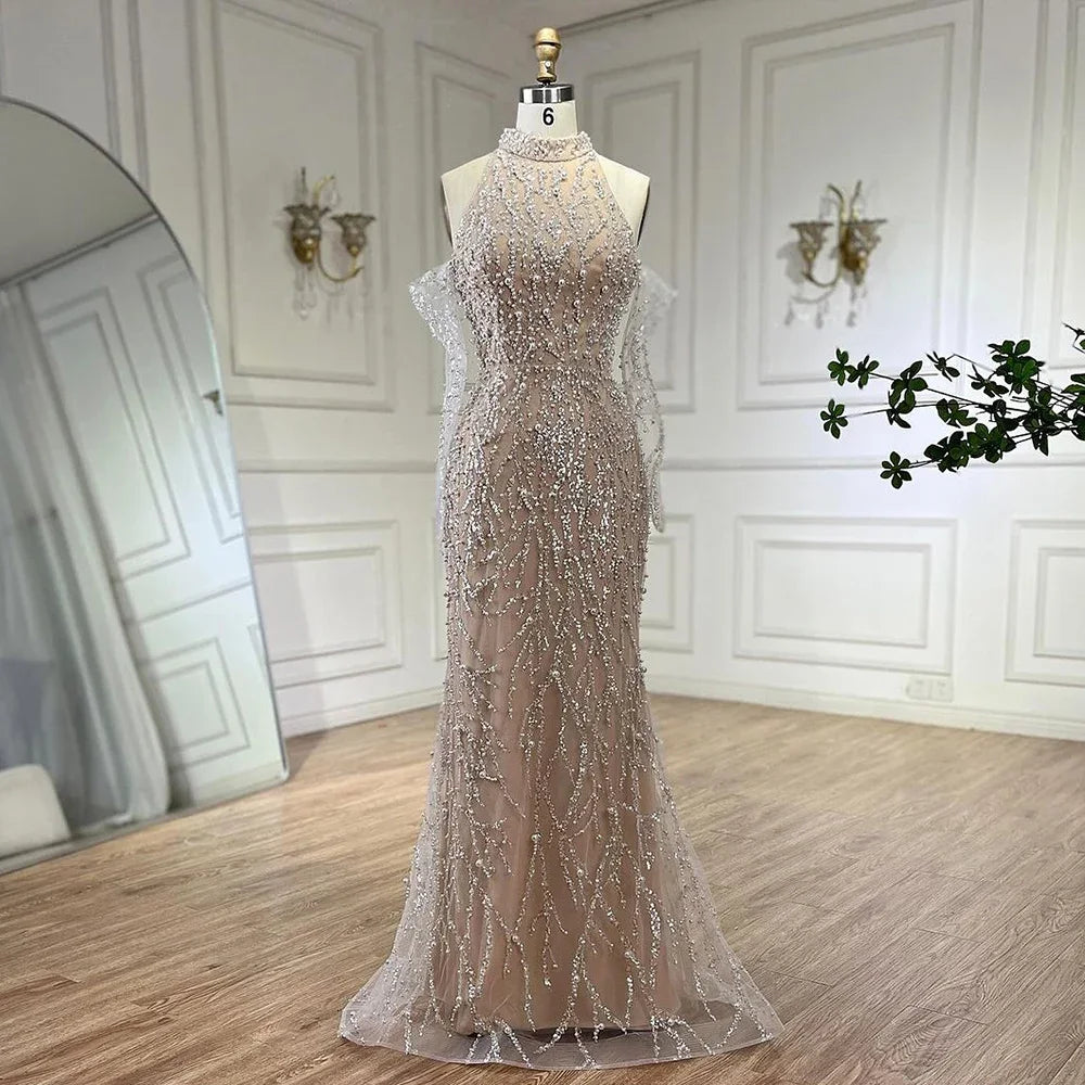 Luxury Beaded Nude Evening Dress with Gloves LA72345 - SERENE HILL