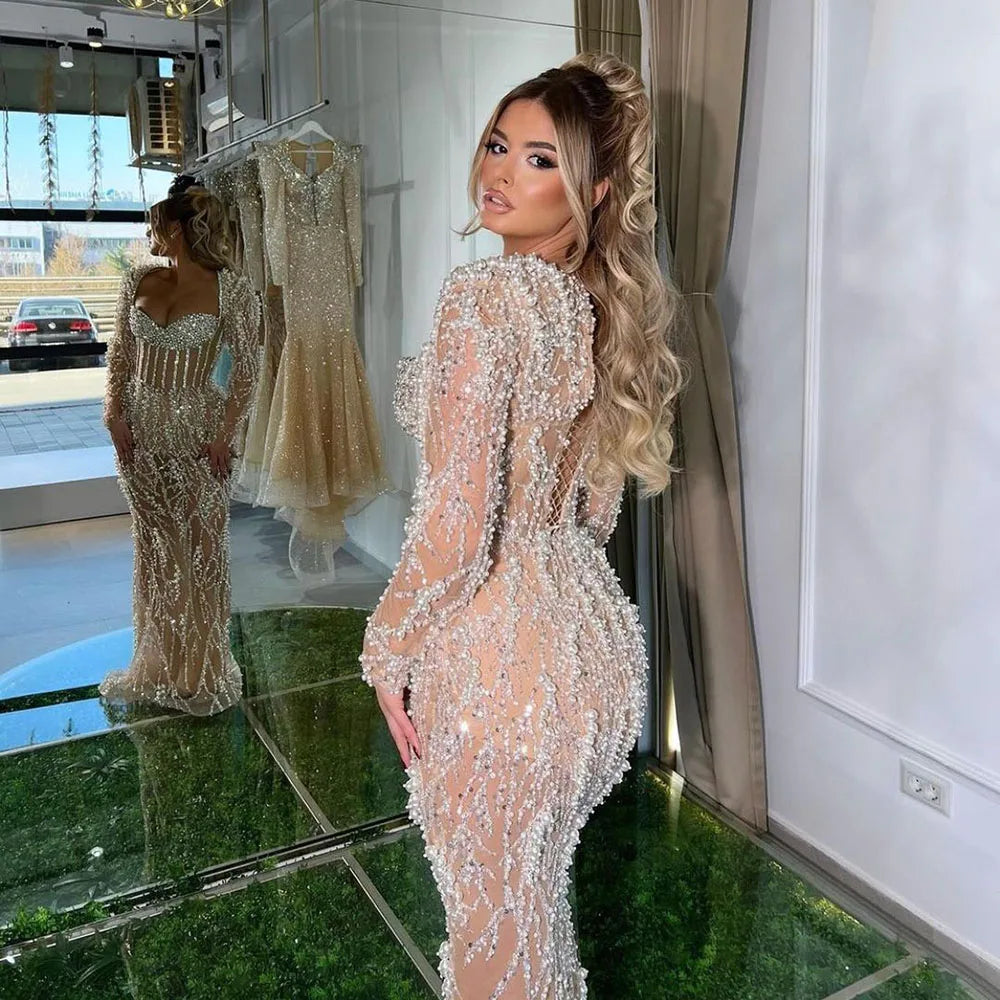 Serene Hill Dubai Luxury Pearls Beaded Nude Elegant Arabic Mermaid Evening Dress for Women - Wedding Party 2025 LA72361 - SERENE HILL