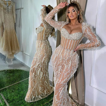 Serene Hill Dubai Luxury Pearls Beaded Nude Elegant Arabic Mermaid Evening Dress for Women - Wedding Party 2025 LA72361 - SERENE HILL