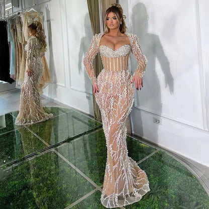 Serene Hill Dubai Luxury Pearls Beaded Nude Elegant Arabic Mermaid Evening Dress for Women - Wedding Party 2025 LA72361 - SERENE HILL