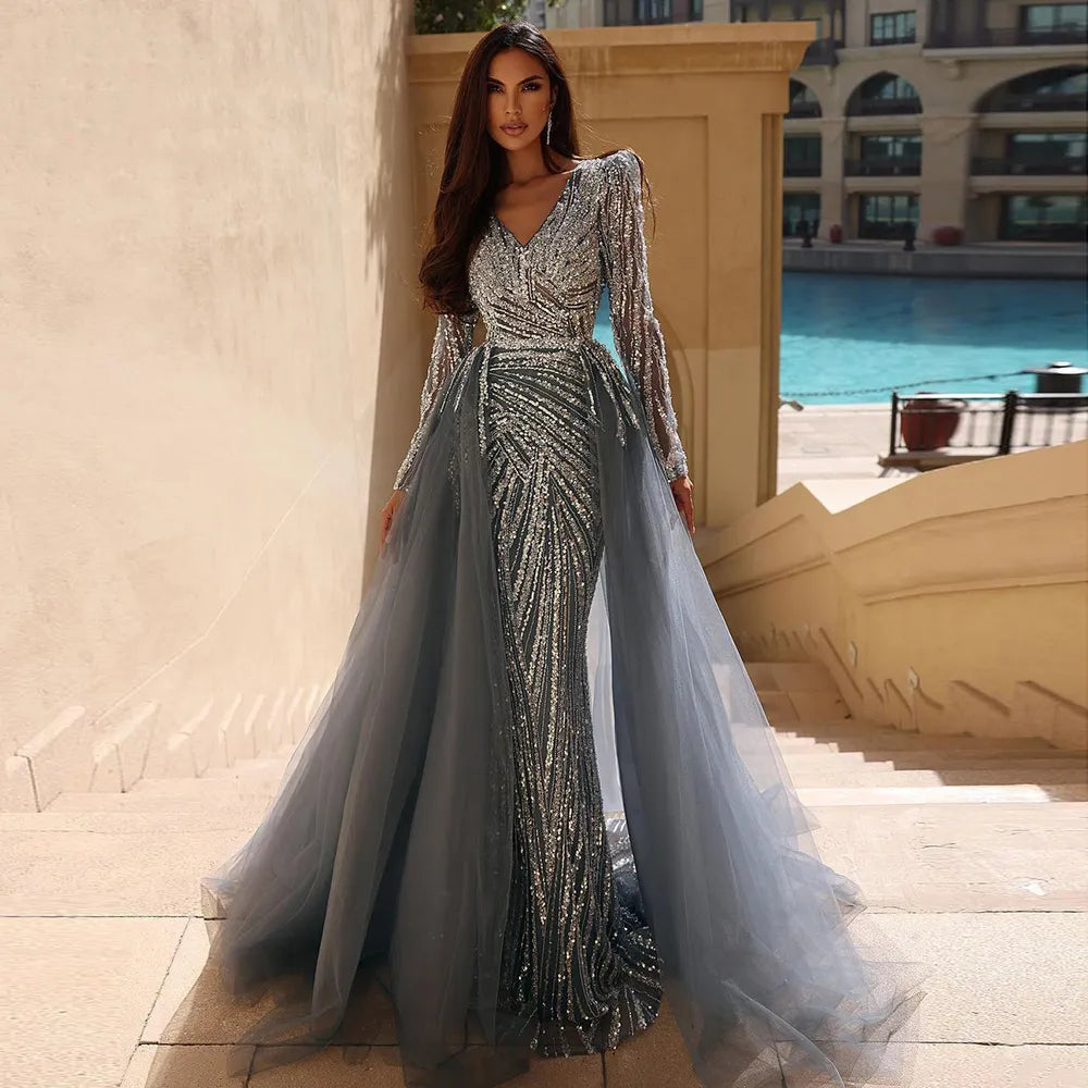 Modest Beaded Luxury Evening Dresses with Detachable Skirt LA71750 Grey / 8