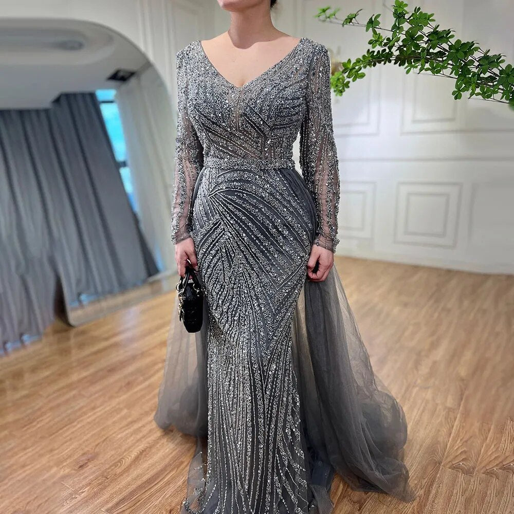 detachable evening dresses Modest Beaded Luxury Evening Dresses with Detachable Skirt LA71750 Grey / 8