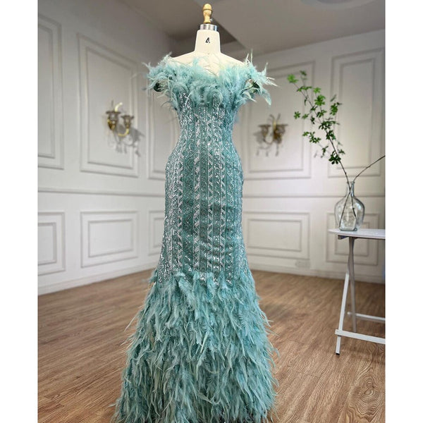 Serene Hill Dubai Mint Luxury Crystal Feathers  Sexy Mermaid Evening Dresses Formal Gowns  For Woman Wedding Party 2025 LA72095