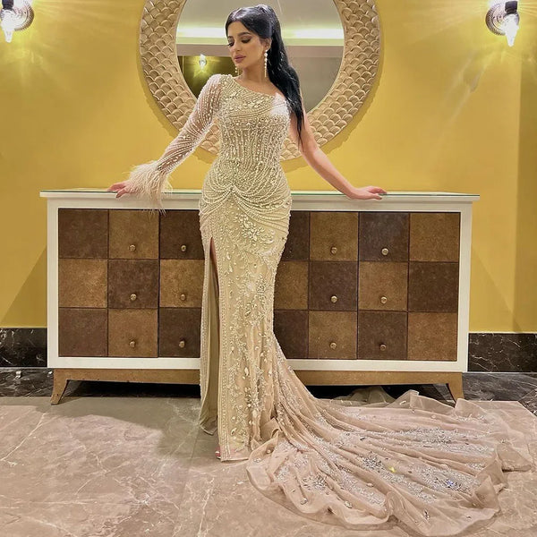 Luxury Nude One Shoulder Beaded Feather Mermaid Evening Dress LA72353