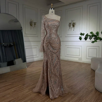 Luxury Nude One Shoulder Beaded Feather Mermaid Evening Dress LA72353 - SERENE HILL