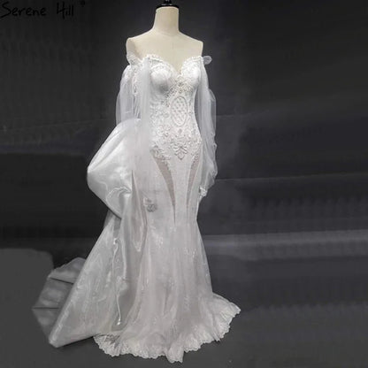 Serene Hill Dubai Off Shoulder Lantern Sleeves Wedding Dresses Crystal Lace Mermaid Elegant Bridal Gowns Custom Made HA2402 - SERENE HILL