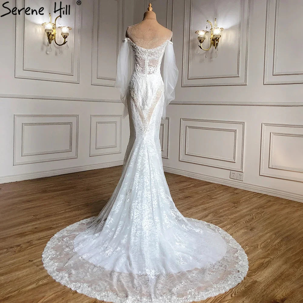 Serene Hill Dubai Off Shoulder Lantern Sleeves Wedding Dresses Crystal Lace Mermaid Elegant Bridal Gowns Custom Made HA2402 - SERENE HILL
