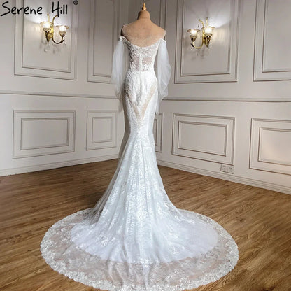 Serene Hill Dubai Off Shoulder Lantern Sleeves Wedding Dresses Crystal Lace Mermaid Elegant Bridal Gowns Custom Made HA2402 - SERENE HILL