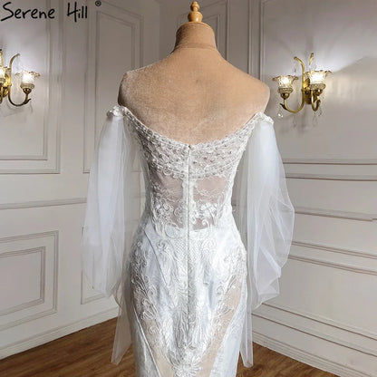 Serene Hill Dubai Off Shoulder Lantern Sleeves Wedding Dresses Crystal Lace Mermaid Elegant Bridal Gowns Custom Made HA2402 - SERENE HILL