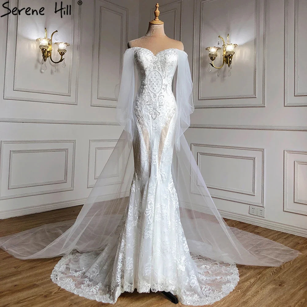 Serene Hill Dubai Off Shoulder Lantern Sleeves Wedding Dresses Crystal Lace Mermaid Elegant Bridal Gowns Custom Made HA2402 - SERENE HILL