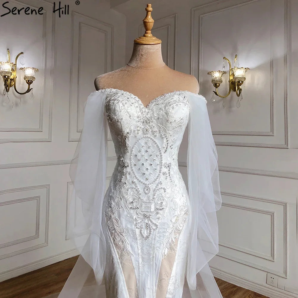 Serene Hill Dubai Off Shoulder Lantern Sleeves Wedding Dresses Crystal Lace Mermaid Elegant Bridal Gowns Custom Made HA2402 - SERENE HILL