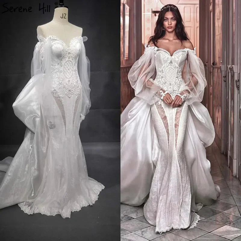 Serene Hill Dubai Off Shoulder Lantern Sleeves Wedding Dresses Crystal Lace Mermaid Elegant Bridal Gowns Custom Made HA2402 - SERENE HILL