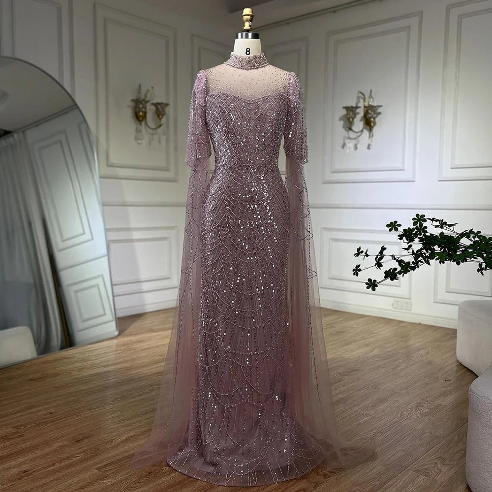 Serene Hill Dubai Pink Cape Sleeves Mermaid Beaded Luxury Long Arabic –  SERENE HILL