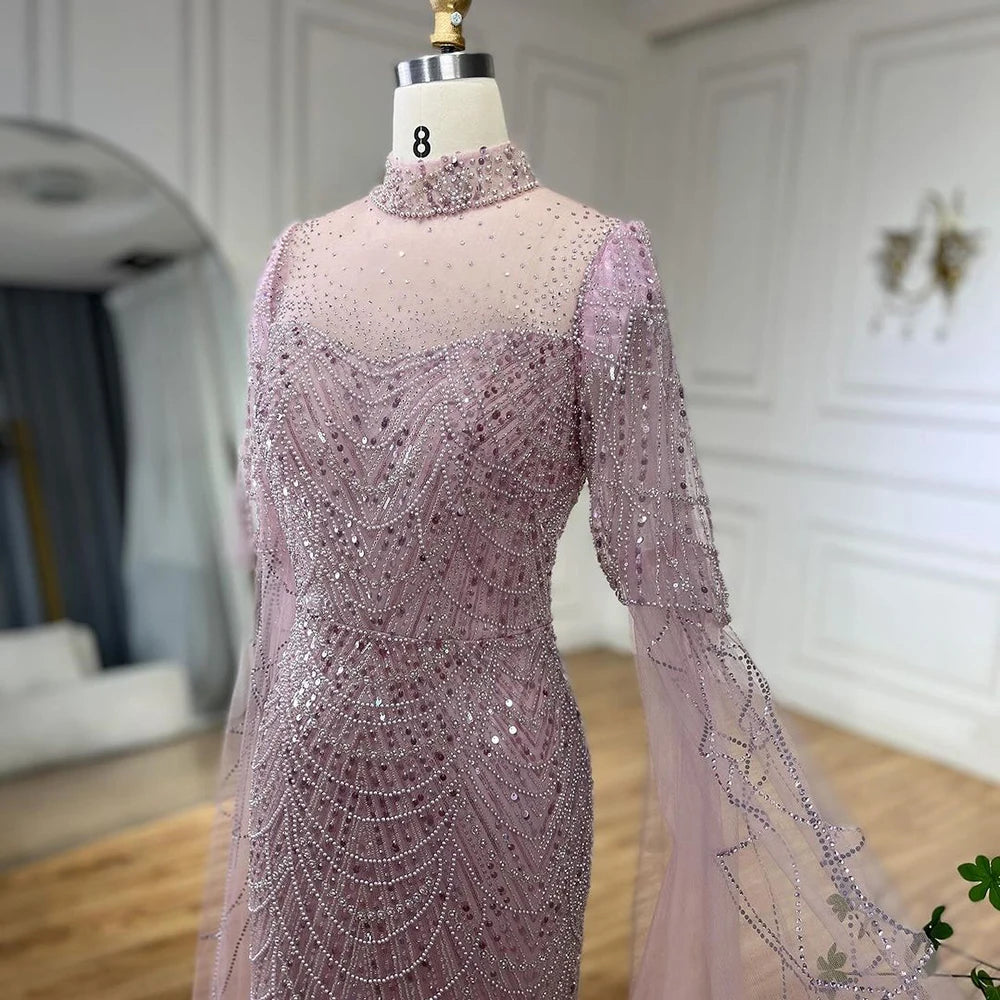 Serene Hill Dubai Pink Cape Sleeves Mermaid Beaded Luxury Long Arabic Evening Dresses Gowns for Woman Wedding Party LA71992A - SERENE HILL