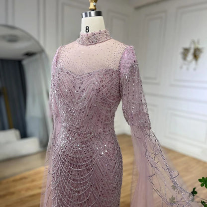 Serene Hill Dubai Pink Cape Sleeves Mermaid Beaded Luxury Long Arabic Evening Dresses Gowns for Woman Wedding Party LA71992A - SERENE HILL