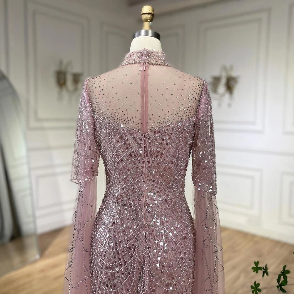 Serene Hill Dubai Pink Cape Sleeves Mermaid Beaded Luxury Long Arabic Evening Dresses Gowns for Woman Wedding Party LA71992A - SERENE HILL