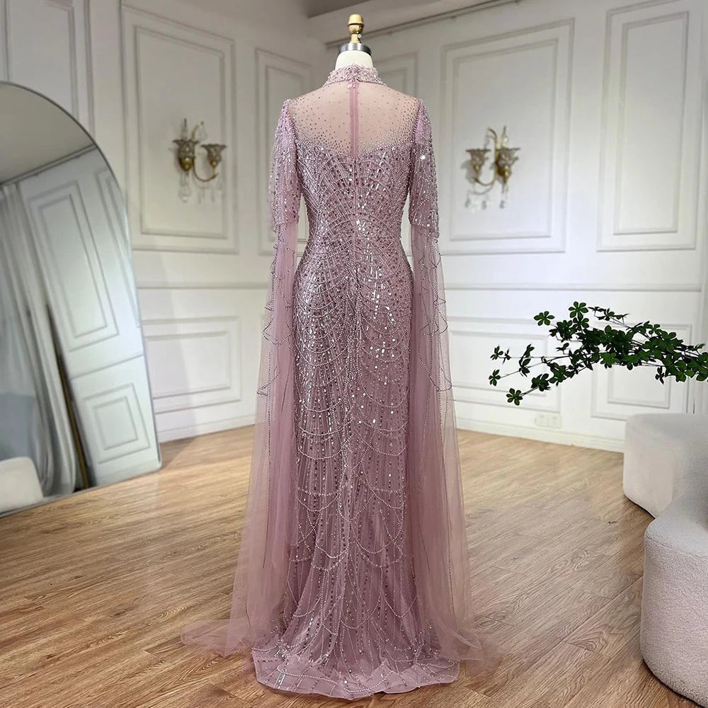 Serene Hill Dubai Pink Cape Sleeves Mermaid Beaded Luxury Long Arabic Evening Dresses Gowns for Woman Wedding Party LA71992A - SERENE HILL