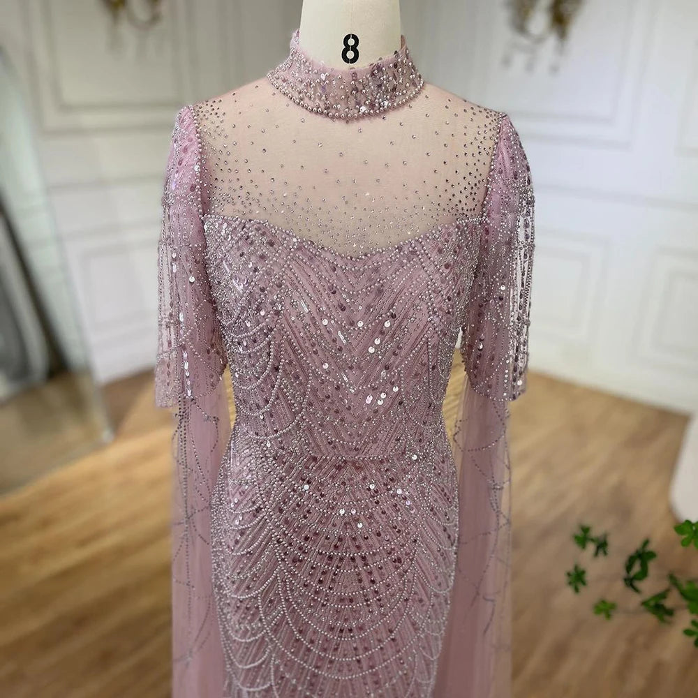 Serene Hill Dubai Pink Cape Sleeves Mermaid Beaded Luxury Long Arabic Evening Dresses Gowns for Woman Wedding Party LA71992A - SERENE HILL