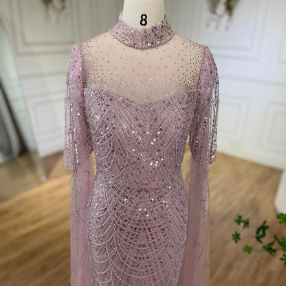 Serene Hill Dubai Pink Cape Sleeves Mermaid Beaded Luxury Long Arabic Evening Dresses Gowns for Woman Wedding Party LA71992A - SERENE HILL