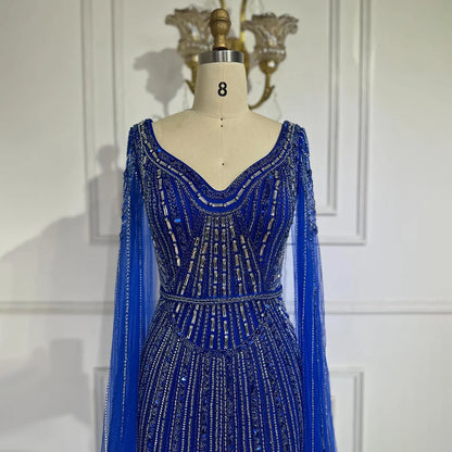 Serene Hill Dubai Royal Blue Elegant Cape Sleeves Beaded Arabic Luxury Evening Dresses Gowns for Women Party 2025 LA72502 - SERENE HILL