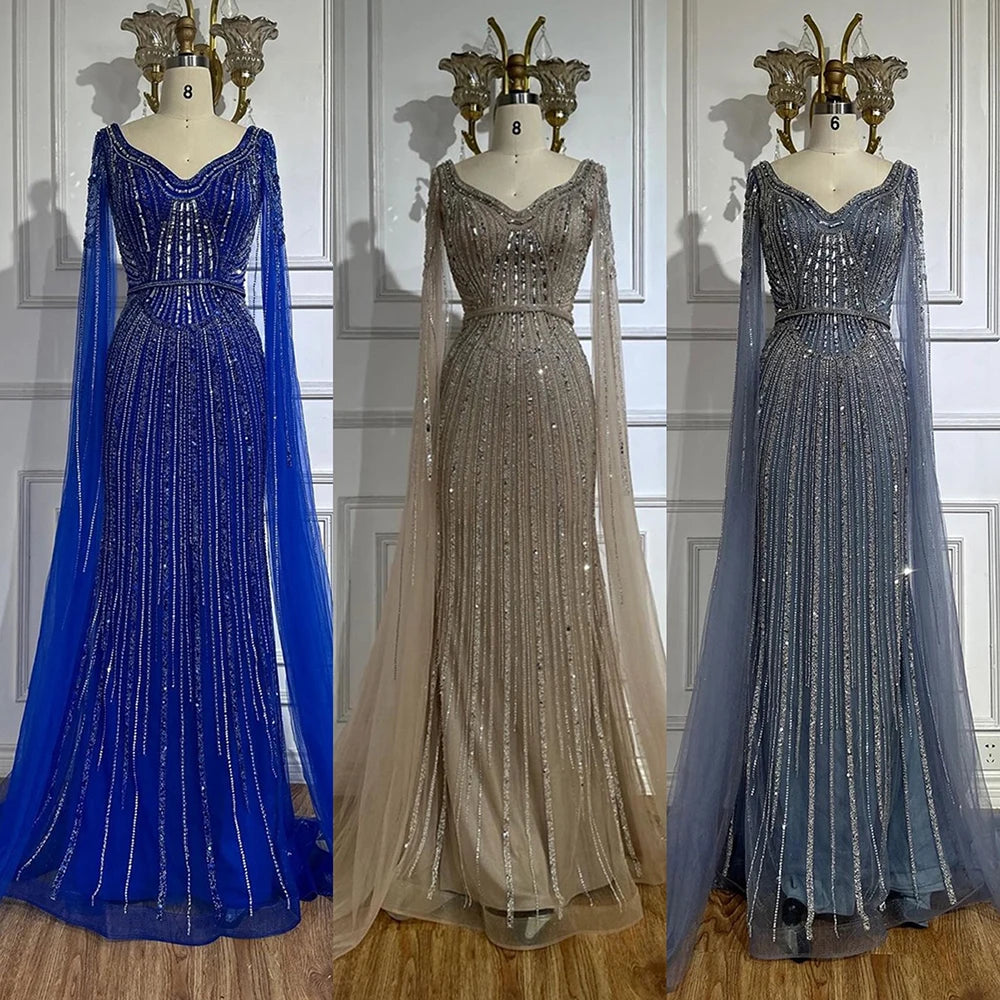 Serene Hill Dubai Royal Blue Elegant Cape Sleeves Beaded Arabic Luxury Evening Dresses Gowns for Women Party 2025 LA72502 - SERENE HILL