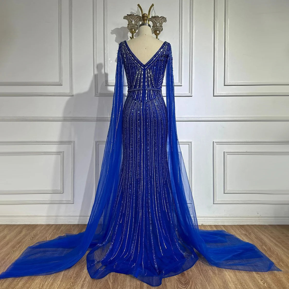 Serene Hill Dubai Royal Blue Elegant Cape Sleeves Beaded Arabic Luxury Evening Dresses Gowns for Women Party 2025 LA72502 - SERENE HILL
