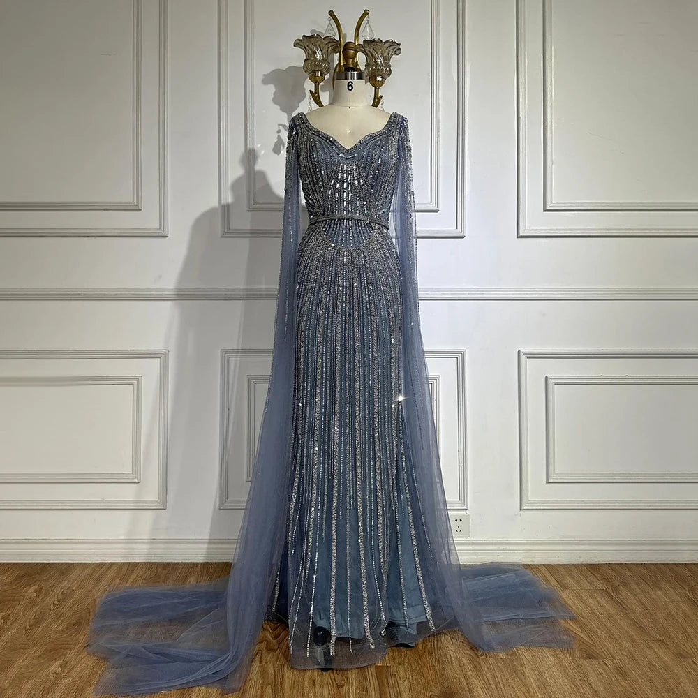 Serene Hill Dubai Royal Blue Elegant Cape Sleeves Beaded Arabic Luxury Evening Dresses Gowns for Women Party 2025 LA72502 - SERENE HILL