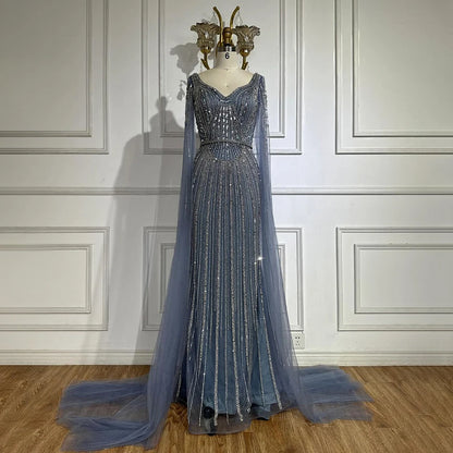 Serene Hill Dubai Royal Blue Elegant Cape Sleeves Beaded Arabic Luxury Evening Dresses Gowns for Women Party 2025 LA72502 - SERENE HILL