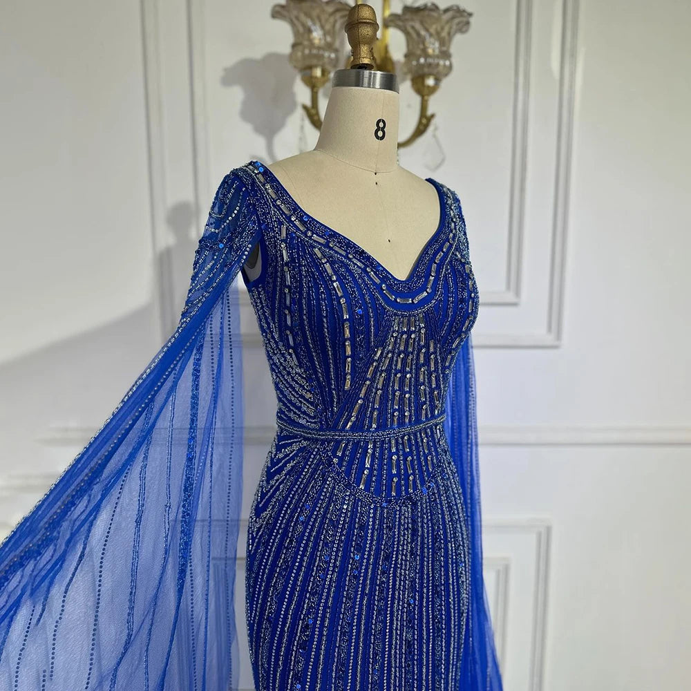 Serene Hill Dubai Royal Blue Elegant Cape Sleeves Beaded Arabic Luxury Evening Dresses Gowns for Women Party 2025 LA72502 - SERENE HILL