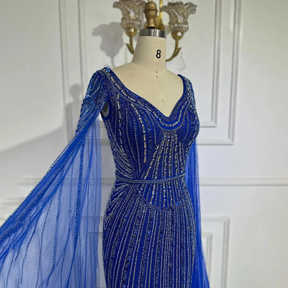 Serene Hill Dubai Royal Blue Elegant Cape Sleeves Beaded Arabic Luxury Evening Dresses Gowns for Women Party 2025 LA72502 - SERENE HILL