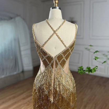 Serene Hill Dubai Silver Mermaid Gold Evening Gowns Luxury Beaded Tassel Spaghetti Strap Party Drsses For Women 2025 LA72280 - SERENE HILL