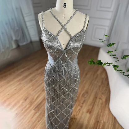 Serene Hill Dubai Silver Mermaid Gold Evening Gowns Luxury Beaded Tassel Spaghetti Strap Party Drsses For Women 2025 LA72280 - SERENE HILL