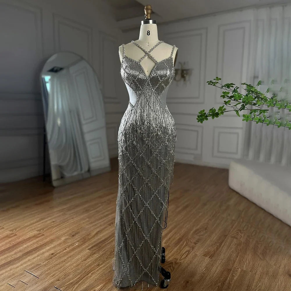 Serene Hill Dubai Silver Mermaid Gold Evening Gowns Luxury Beaded Tassel Spaghetti Strap Party Drsses For Women 2025 LA72280 - SERENE HILL