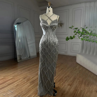 Serene Hill Dubai Silver Mermaid Gold Evening Gowns Luxury Beaded Tassel Spaghetti Strap Party Drsses For Women 2025 LA72280 - SERENE HILL