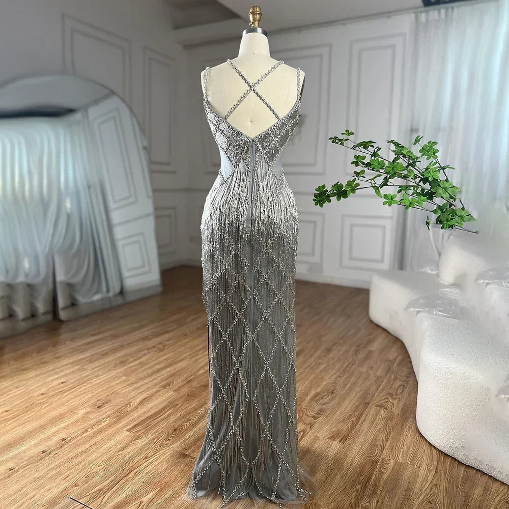 Serene Hill Dubai Silver Mermaid Gold Evening Gowns Luxury Beaded Tassel Spaghetti Strap Party Drsses For Women 2025 LA72280 - SERENE HILL