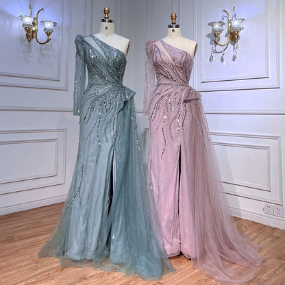 One Shoulder Mermaid Pink Evening Dresses with Overskirt LA72062 - SERENE HILL