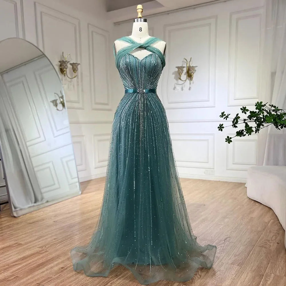 Serene Hill Dubai Turquoise Spaghetti Strap Mermaid Luxury Beaded Evening Dresses Gowns For Women Wedding Party 2025 LA72322 - SERENE HILL