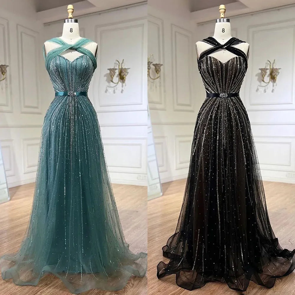 Serene Hill Dubai Turquoise Spaghetti Strap Mermaid Luxury Beaded Evening Dresses Gowns For Women Wedding Party 2025 LA72322 - SERENE HILL