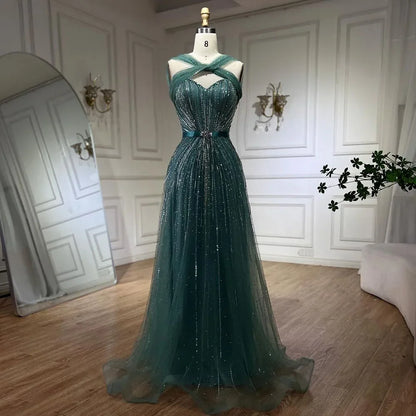 Serene Hill Dubai Turquoise Spaghetti Strap Mermaid Luxury Beaded Evening Dresses Gowns For Women Wedding Party 2025 LA72322 - SERENE HILL